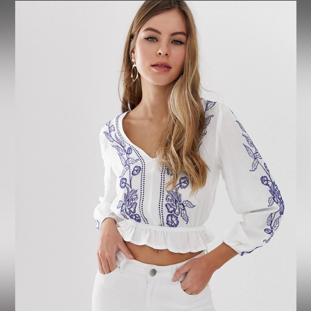 ASOS Parisian Embroidered Wrap Cropped Peplum Blouse